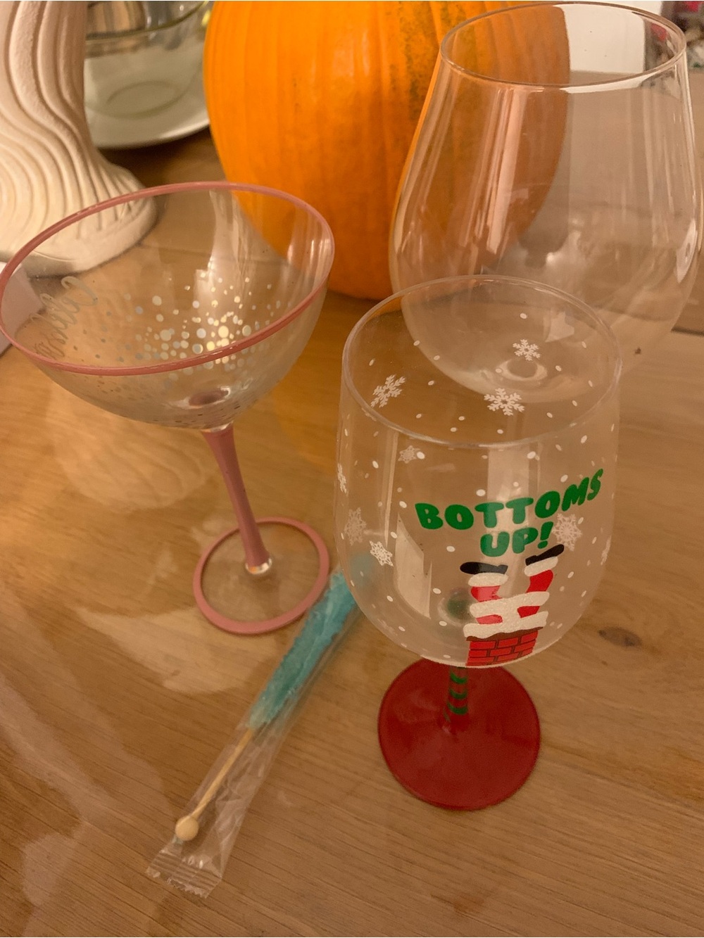 Festive 'Bottoms Up!' Christmas Wine Glass with Red Base